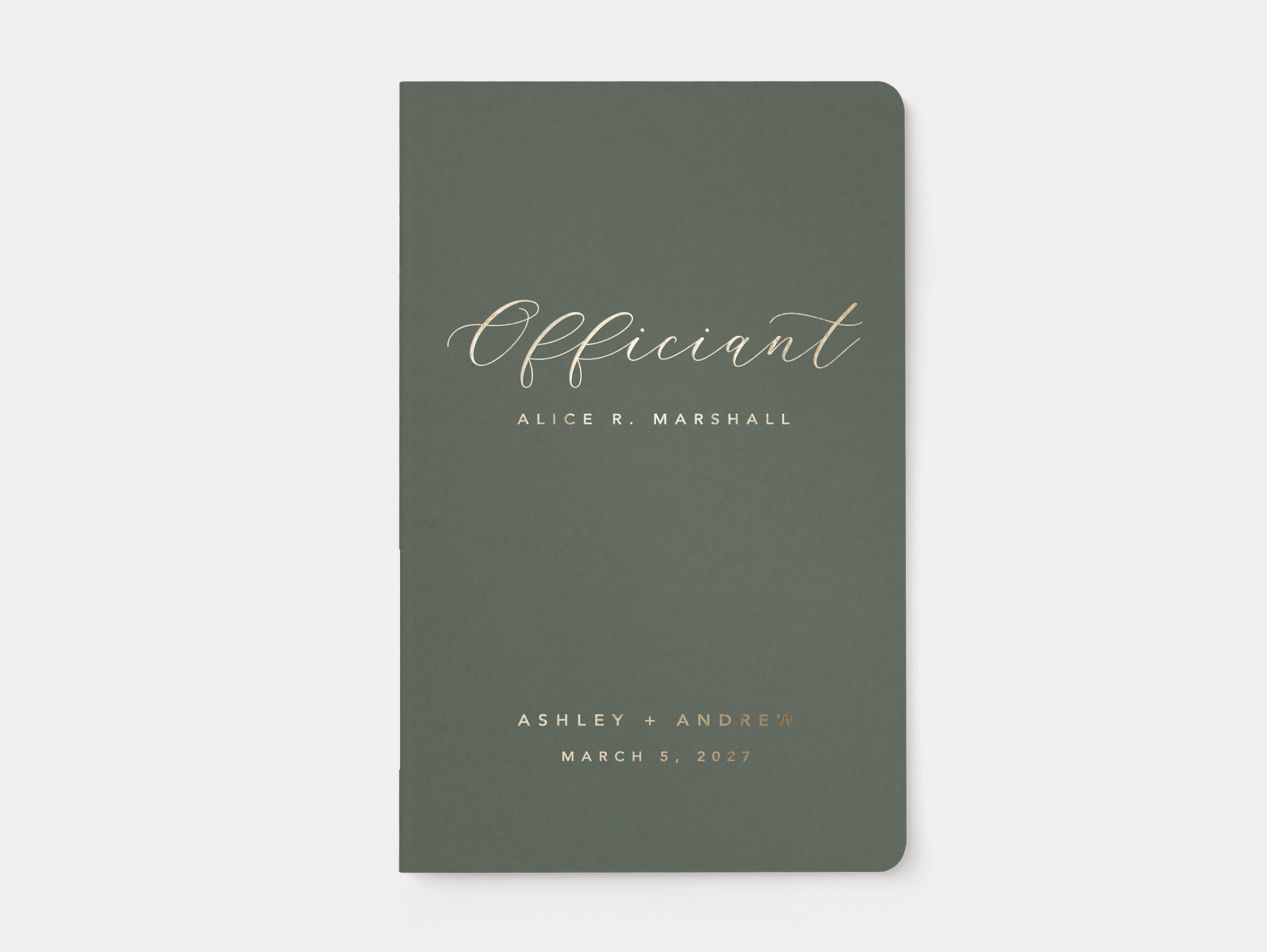 Custom officiant book for ceremony with gold foil.