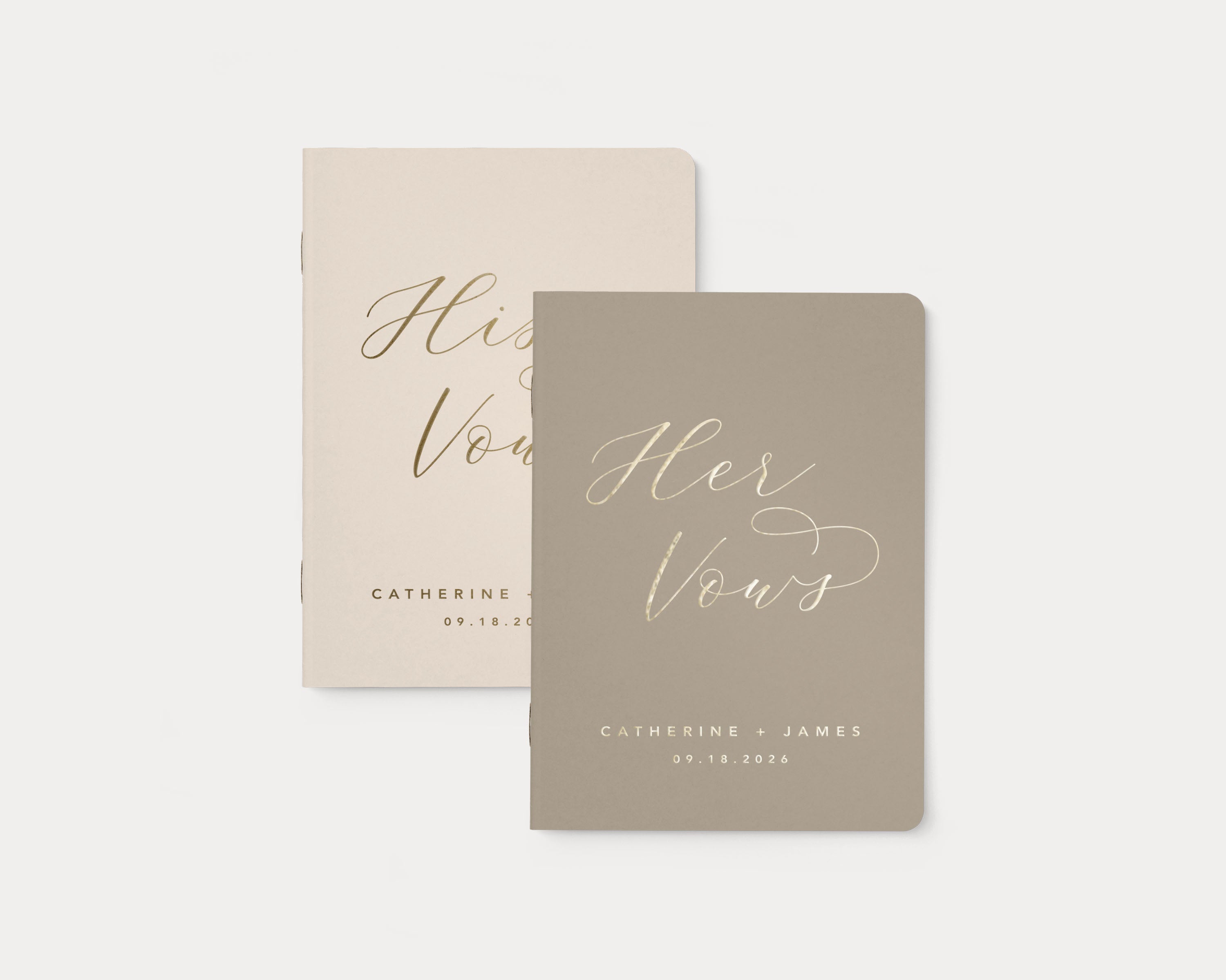 Luxury personalized vow book pair with gold foil text.