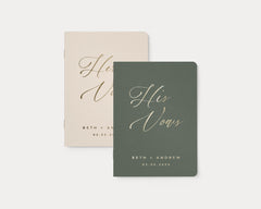 Luxury personalized vow book pair with gold foil text.