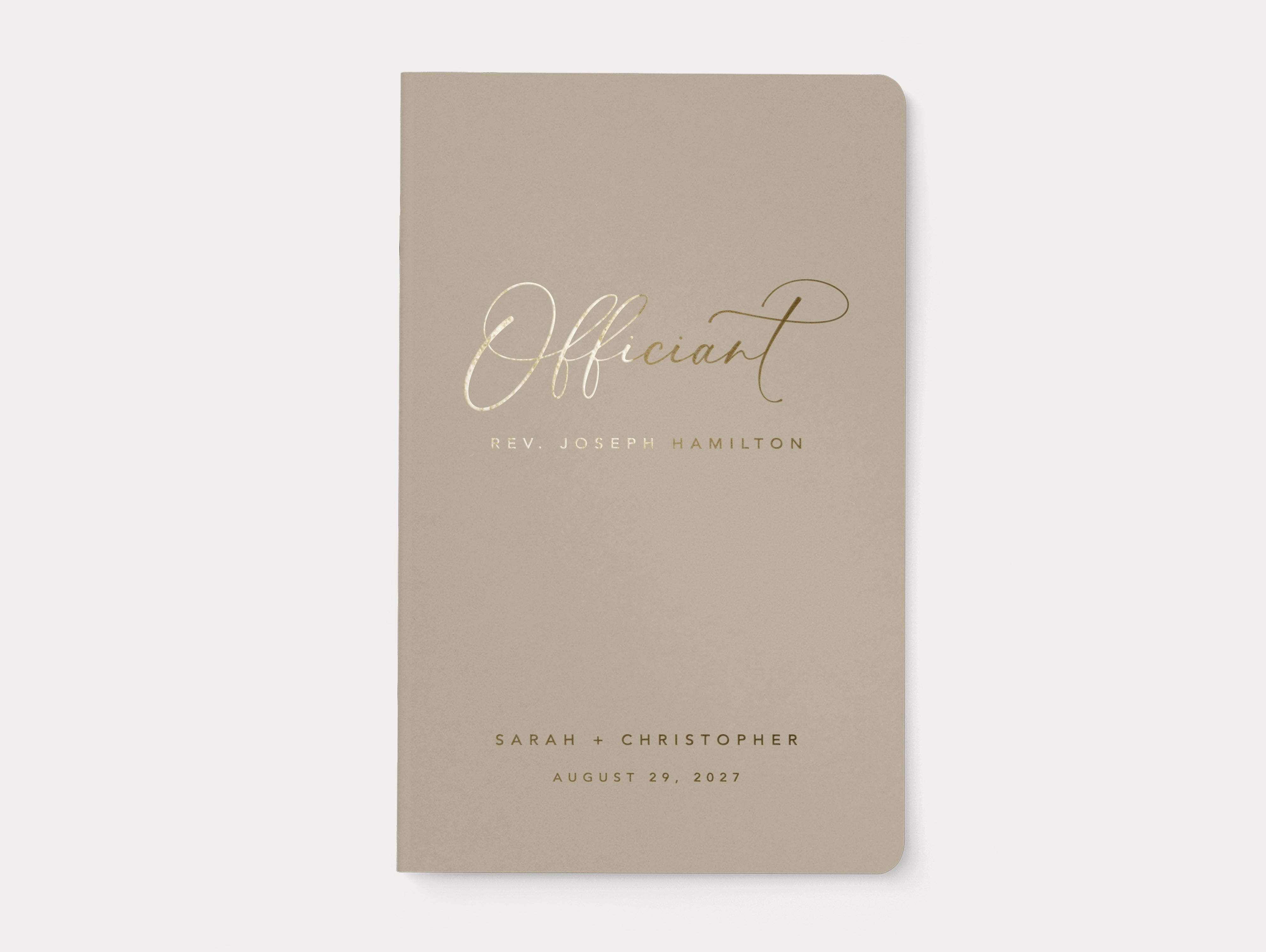 Neutral officiant ceremony book with gold foil.