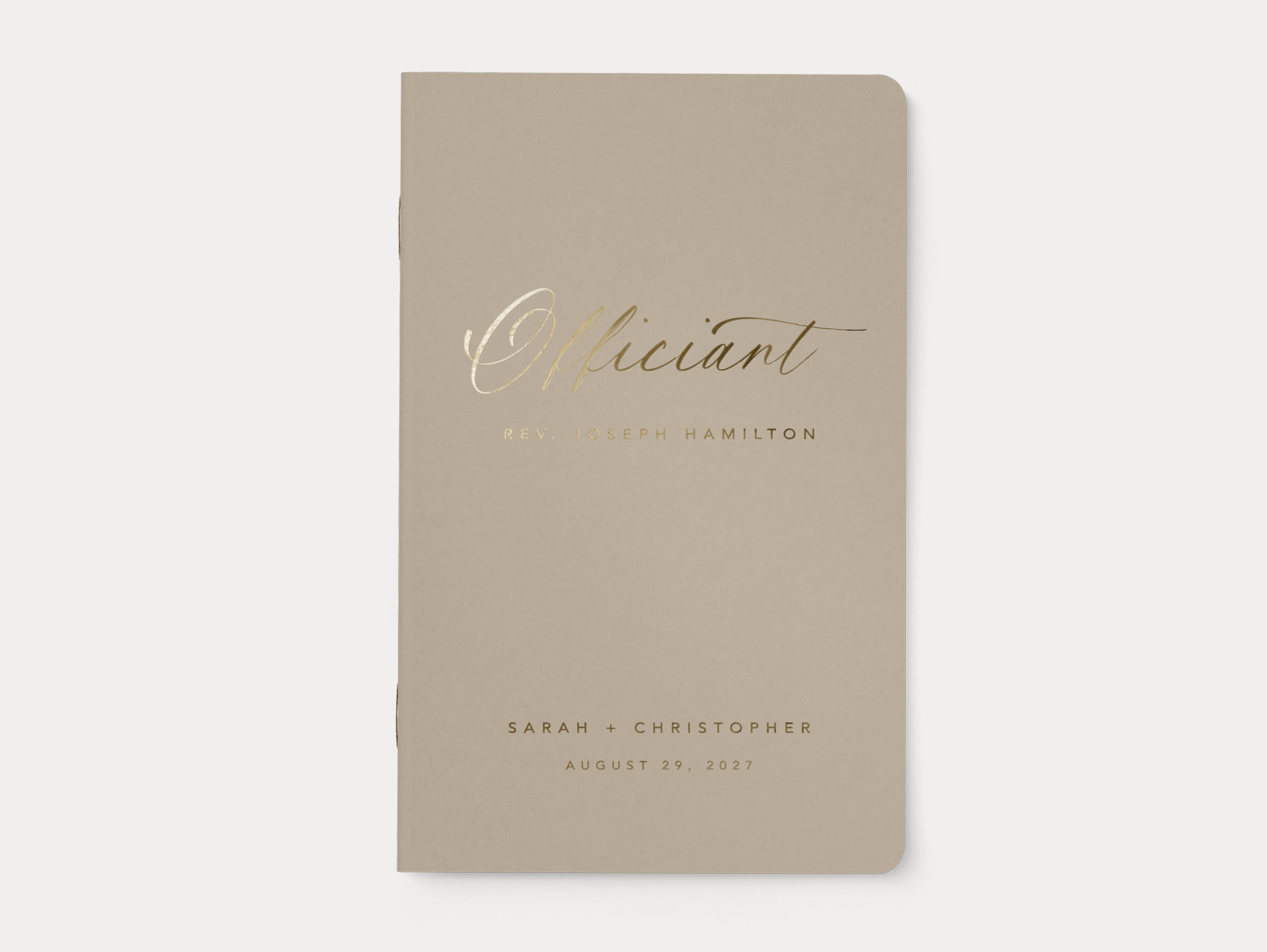 Personalized officiant cermony book with gold foil.
