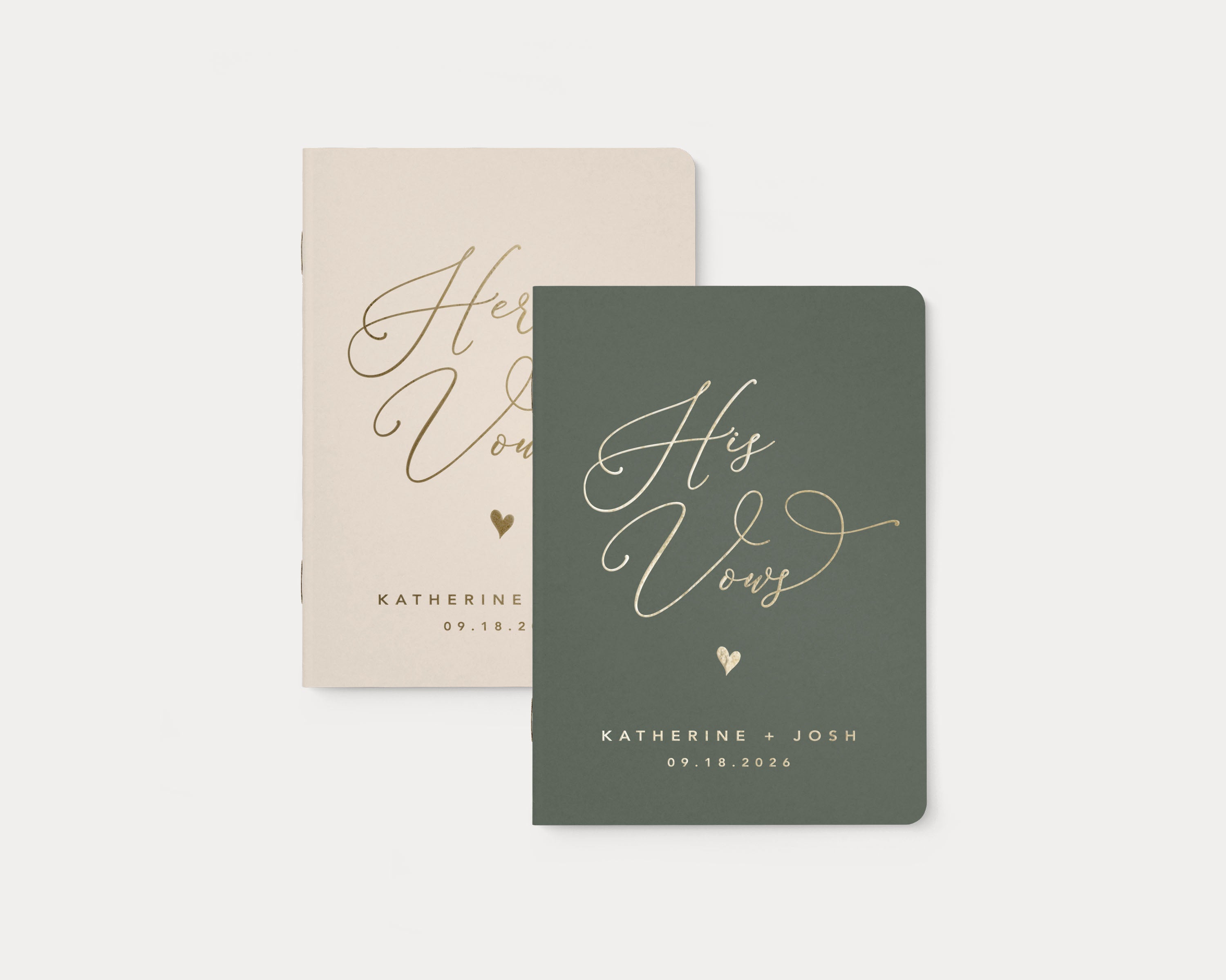 Almond and moss wedding vow books with custom gold foil lettering.