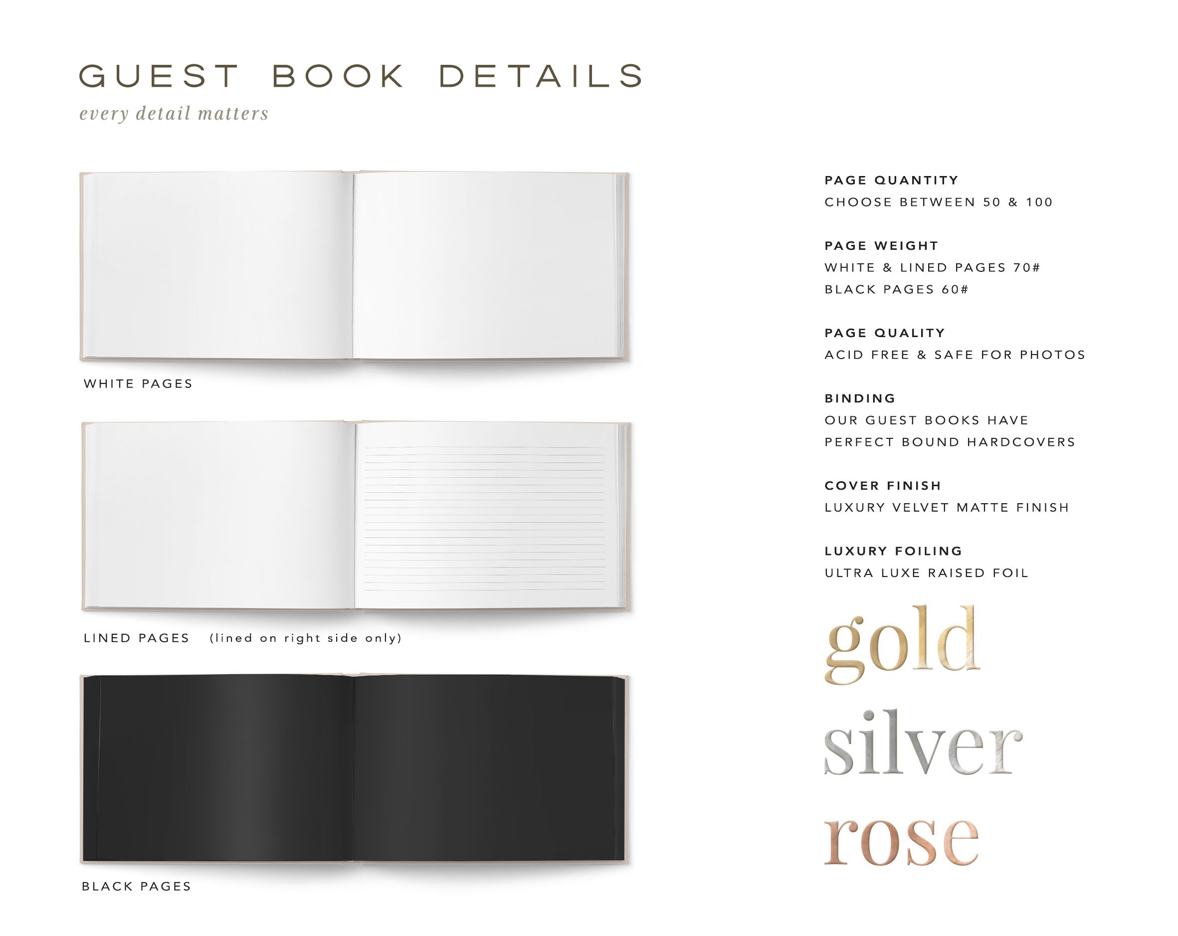 Wedding guest book details, white pages, lined pages, black pages. 3 foil options, Gold foil, Silver foil, Rose Gold foil.