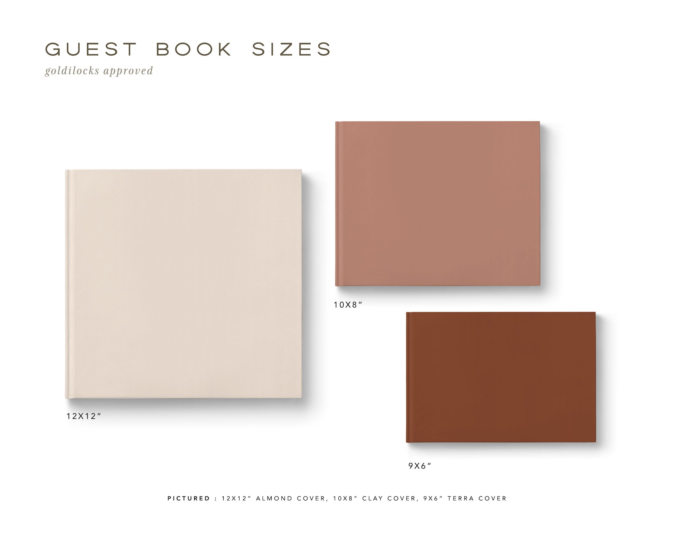 Wedding guestbook size options, 9x6", 10x8", 12x12".